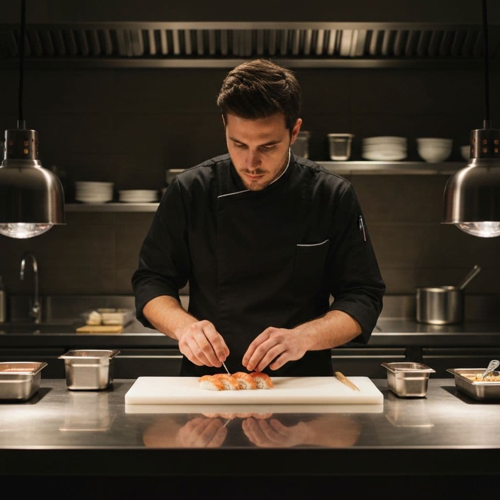 Sushi master przygotowuje świeże sushi w dark kitchen